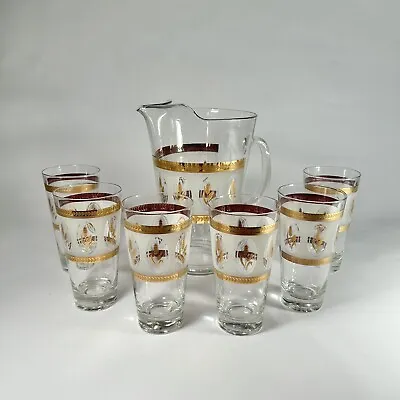 $72 • Buy Vintage Brockway Glass Golden Wheat Frosted Cocktail Tumblers & Pitcher RARE MCM