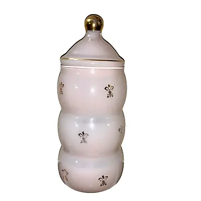Vintage MCM Pastel Pink Gold Opaline Art Glass Apothecary Jar Lid Fleur De Lis! • $9.99