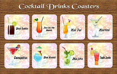 Cocktails Drinks Coaster Rubber Backed Bar Gift Birthday • £4.99