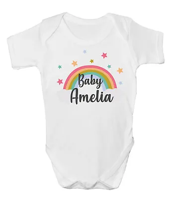 Personalised Baby Grow Rainbows Stars Bodysuit Vest T-Shirt Tshirt Shower Gift • £6.99