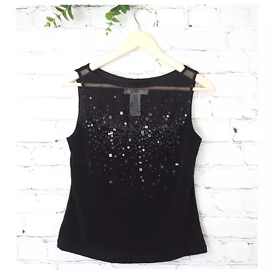 J.R. Nites By Caliendo Vintage Top Black Slinky Sequin Sheer Blouse Size Medium • $24