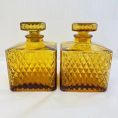 2  Amber Glass Square Diamond Point Decanters With Stoppers Mid Century Vintage • $34.42