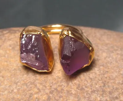 Gold Plated Brass Rough Double Amethyst Ring UK K½-L/US 5.5-5.75. Gift Bag. • $16.17