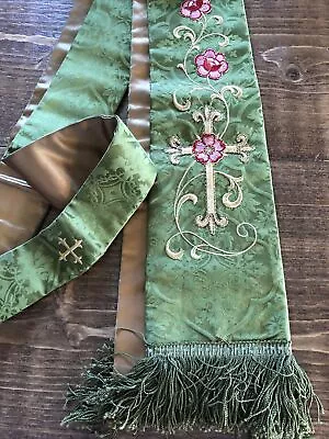 Vintage Green Damask Embroidered Priest Stole • $39.99