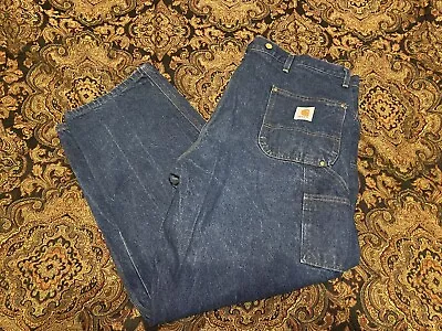 Vintage Carhartt Suspender Button Double Knee Carpenter Blue Jeans Men’s 46X32 • $69.99