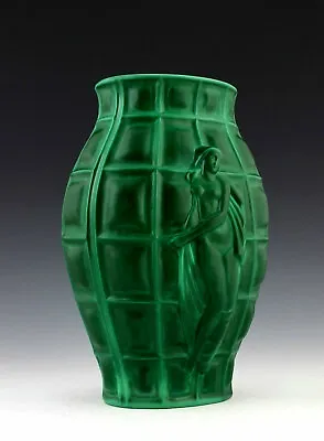 Art Deco Bohemian Malachite Glass Ladies Figural Large Vase 1930's H.Hoffmann • $399