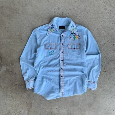 $50 • Buy Vintage 60s 70s Campus Chambray Embroidered Hippie Rockabilly Button Up Shirt M