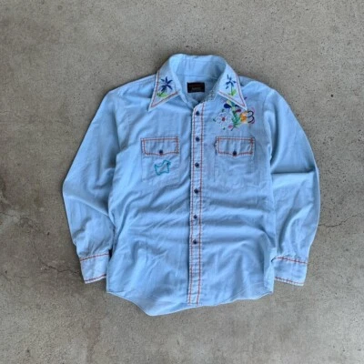 $50 • Buy Vintage 60s 70s Campus Chambray Embroidered Hippie Rockabilly Button Up Shirt M