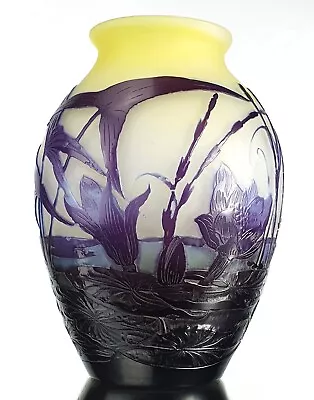 Emile Gallé Beau Vase   Water Lilies & Sagittarius   Engraved Glass Paste ART Nouveau • £603.30