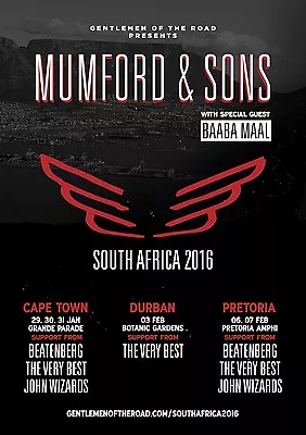 MUMFORD & SONS / BAABA MAAL  SOUTH AFRICA 2016  CONCERT TOUR POSTER - Folk Rock • $15.96