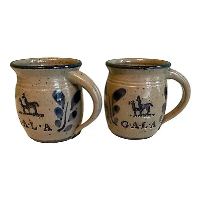Vintage Signed Art Pottery Stoneware Coffee Mugs G A L A Lama Blue Floral Brown • $30