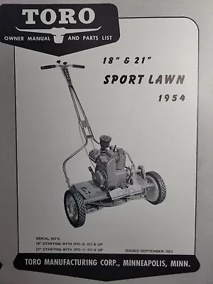 TORO 18 21 Sport Lawn 1954 Walk-Behind Gas Power Reel Mower Owner & Parts Manual • $84.84