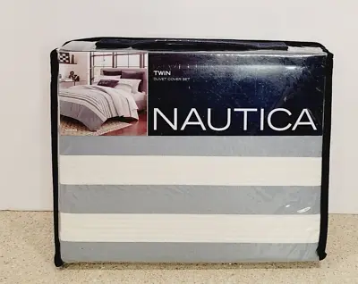 Nautica Lansier Gray Twin Duvet Cover Set + 1 Sham - Cotton Striped Gray White • £31.18