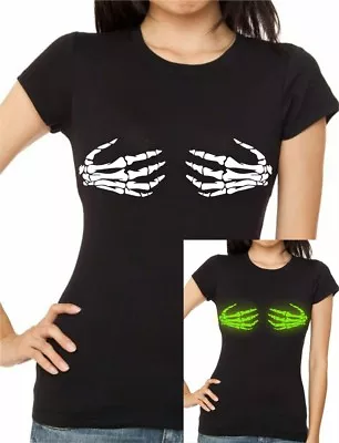 £11.99 • Buy HALLOWEEN SKELETON HANDS  Glow-In-The-Dark T-Shirt. Unisex Or Women's Fitted 
