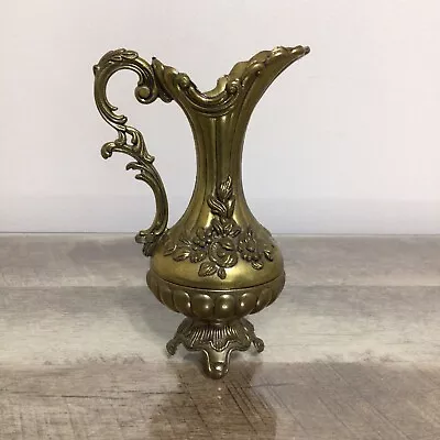 Vintage Italian Floral Embossed Metal Pitcher / Vase Decor Footed Made In Italy • $24