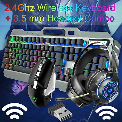 $19.99 • Buy Gaming Kit Wireless Keyboard And Mouse And 3.5mmHeadset Set Rainbow Backlit PC