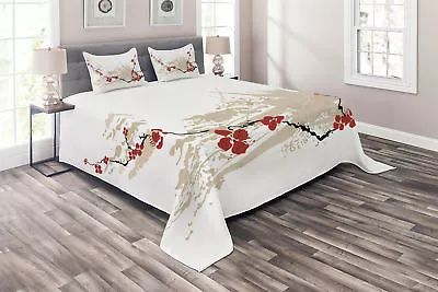 Grunge Quilted Coverlet & Pillow Shams Set Japan Sakura Flowers Print • $79.99