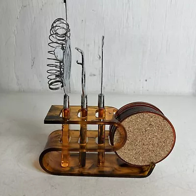 Bartender Utensils Set MCM 3pc 6 Coasters Amber Lucite Cocktail Tools Vintage • $90