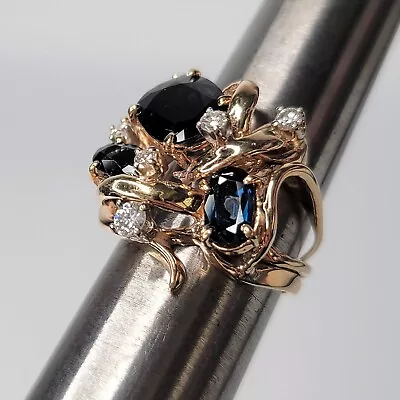 Vintage Antique Diamond And Dark Blue Sapphire 14KT Gold Large Womens Ring EUC • $1