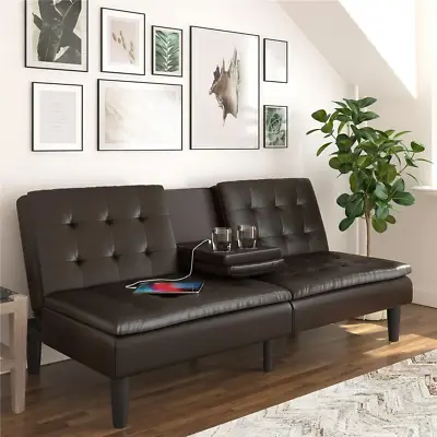 Mainstays Memory Foam Futon With Cupholder And USB Faux Leather Dark Brown  • $310.66