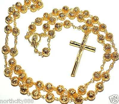 Rosary Necklace Gold Plated Filigree Beads Rosary 22  Religious Catholic Rosary • $17.95