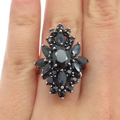 925 Sterling Silver Real Round & Marquise-Cut Sapphire Cluster Ring Size 6 • $74.95