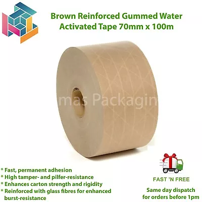 Brown Reinforced Gummed Water Activated Tape 70mm X 100m Tamper Evident Strong • £138