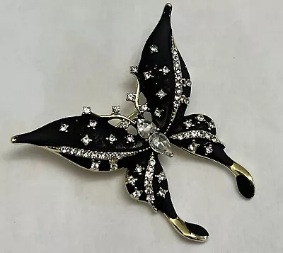 Black Clear Crystal Rhinestone Butterfly Brooch Pin Insect Bug Glass Gold Tone • $12.23
