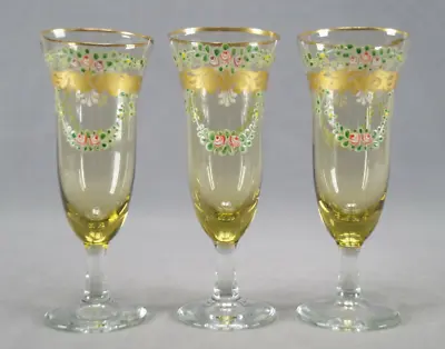 Set Of 3 Salviati Murano HP Pink Rose & Gold Scrolls Amber Cordial Glasses • $65