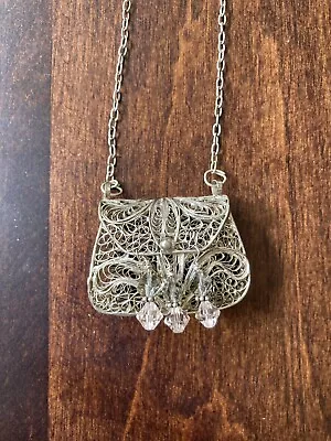 Vintage Cannetille Filigree Vinaigrette Silverplate Purse Pendant Necklace 24” • $50