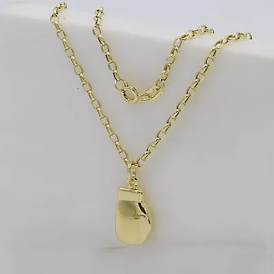 9ct Yellow Gold Single Boxing Glove Pendant Necklace 18  Belcher Chain New • £159