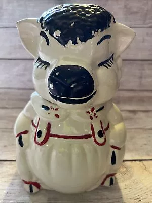 Vtg American Bisque Pottery Lamb Sheep Cookie Jar Overalls Red White Black 12” • $43.99