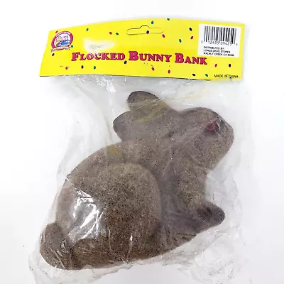 Vintage Flocked Fuzzy Bunny Rabbit Coin Bank Brown Gray New Old Stock • $12.50