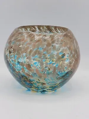 VIZ GLASS GENUINE HAND BLOWN ART GLASS BOWL Vase Blue Gold • $24.99