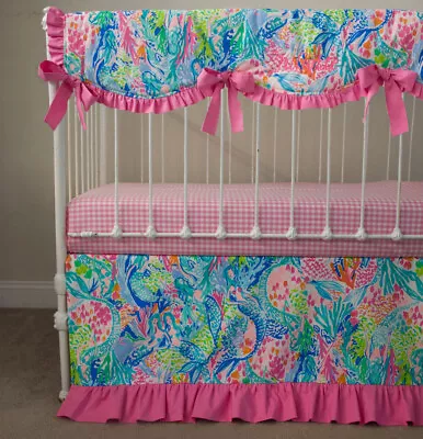 Baby Girl Crib Bedding Set - Pink Lime Mermaid Cove Nursery • $55