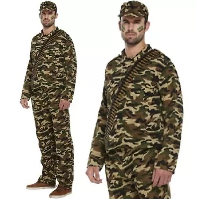 Mens Army Soldier Fancy Dress Costume Jacket Trouser Hat Dog Tags Size Large NEW • £16.99