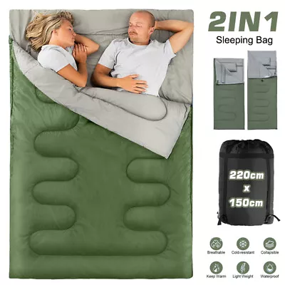 2in1 Sleeping Bag Camping Hiking Bags Waterproof Envelope Zip Double + 2 Pillow • £31.99