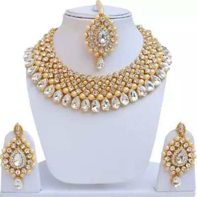 $21.89 • Buy Bridal CZ Pearl Gold Choker Indian Bollywood Tikka Necklace Earrings Jewelry Set