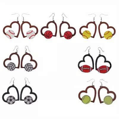 Wooden Heart Hollow Dangle Earrings Baseball Rugby Volleyball Sports Jewelry • $1.77