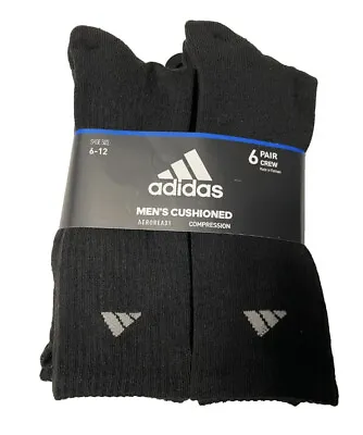 Adidas Socks Mens Large 6 Pairs AeroReady Compression Cushioned Crew Black • $19.99