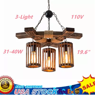 3-Light Chandelier Rustic Wooden Ceiling Lamp Pendant Lighting Fixture Island • $57.95