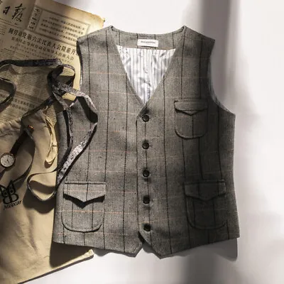 Retro Men Wool Blend Waistcoat Tweed Herringbone Gilet Suit Vest Business • $43.50