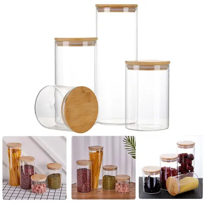 £18.95 • Buy 4x Glass Storage Jar W/ Bamboo Lid Airtight Sealing Kitchen Pantry Food Canister