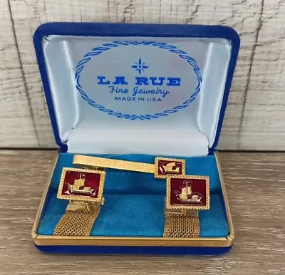 VTG La Rue Fine Jewelry Gold Tone Cufflinks And Tie Clip Sailboat Free Shipping  • $24.95