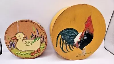 2 Wooden Trinket Box Round Decorative ROOSTER DUCK 6 Inch 4.5 Inch  Handpainted • $12.96