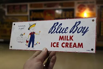 RARE 1950s BLUE BOY MILK ICE CREAM PAINTED METAL SIGN DAIRY CHILD ROOSTER FENCE • $0.99