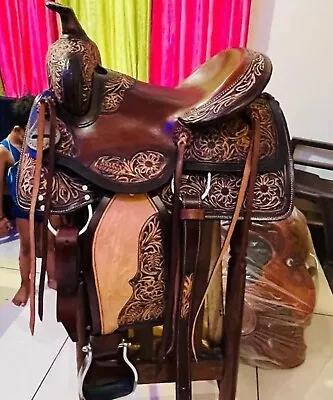 Leather Western Wade Saddle Tooled Carved Leather Horse Tack 14inch • $498