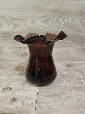 Vintage Brownish Purple Crackle Art Glass Ruffled Edge Vase • $18