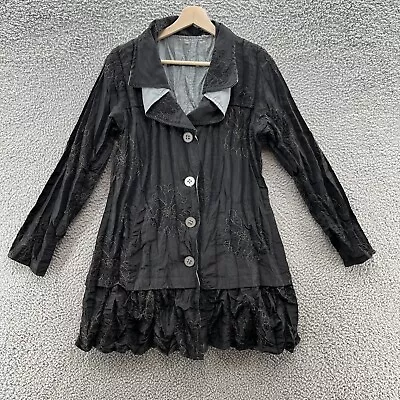 UbU Jacket Womens M Black Embroidered Reversible Crinkle Rain Trench Art Coat • $59.90