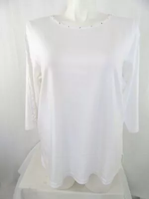 Quacker Factory Size 1X White 3/4-Sleeve Top With Lace And Rhinestone Detail • $22.99